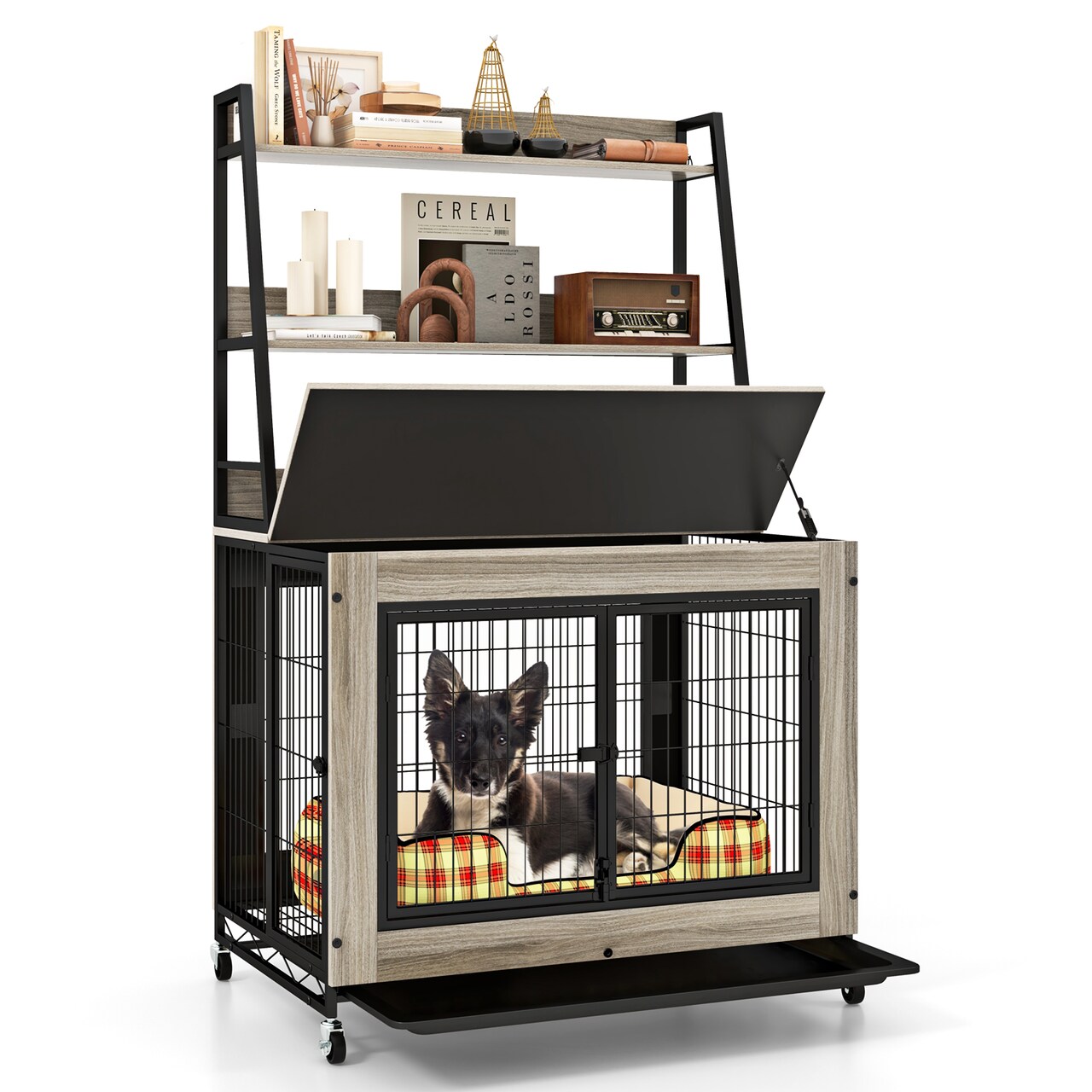 MDF Metal Dog Crate with Storage Shelves and Wheels and Flip-Top